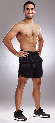 Buy stock photo Portrait, happy man and fitness isolated in studio for body care with wellness, health and muscles. Male person, athlete or bodybuilder and pride for training or exercise by white background