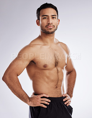 Buy stock photo Portrait, sports and man with fitness isolated in studio for body care, wellness and health for muscles. Male athlete, bodybuilder and confidence or pride for training or exercise by white background