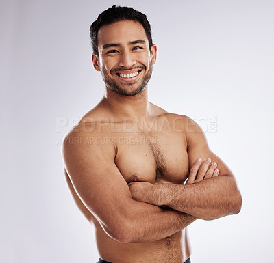 Buy stock photo Fitness, portrait and man with arms crossed in studio for body care, wellness and health for muscles. Happy male person, athlete or bodybuilder and smile for training or exercise by white background