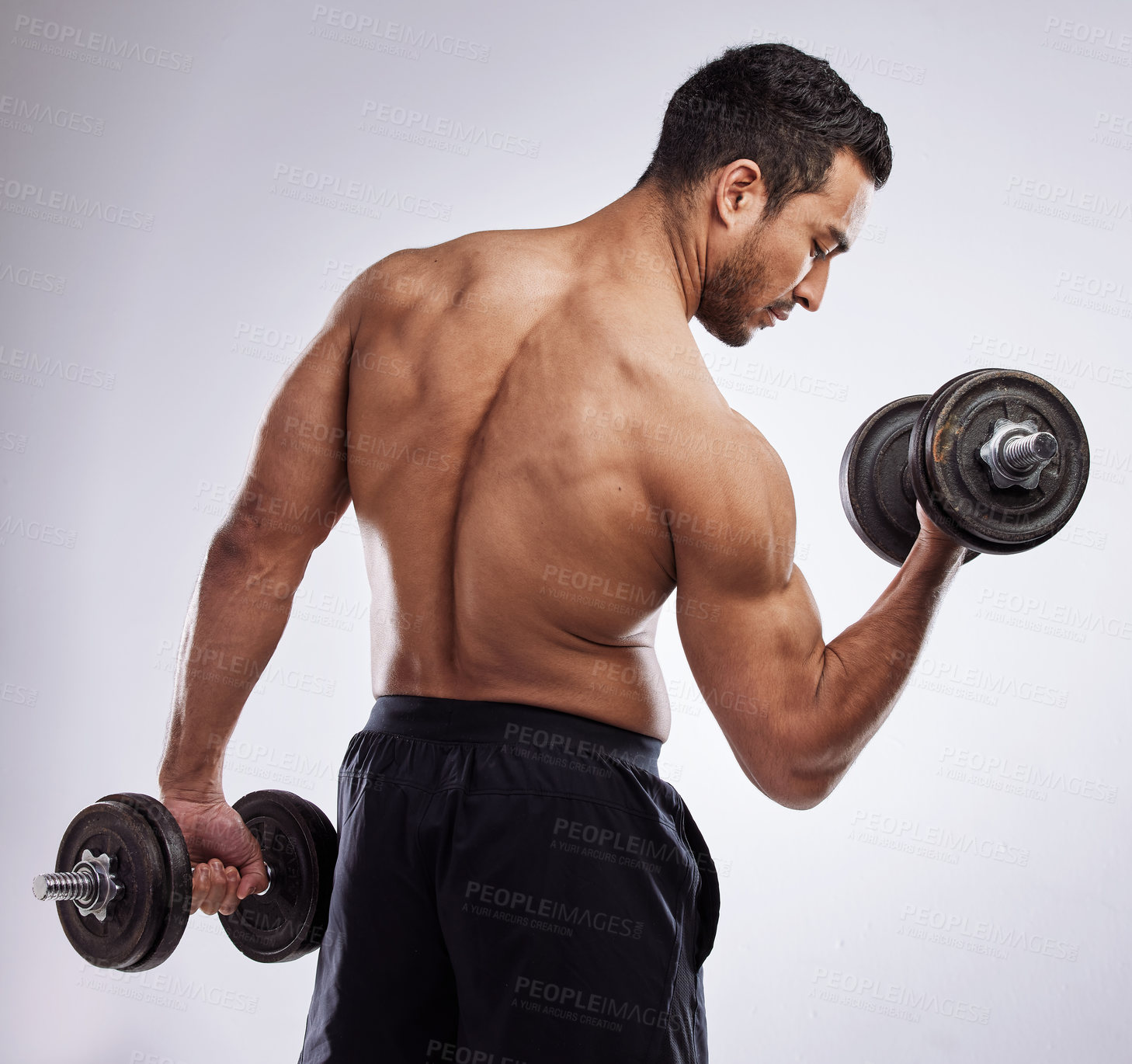 Buy stock photo Man, dumbbell and body in studio for workout, muscle and fitness on white background with bicep. Athlete, gym and training for sports, exercise and wellness as bodybuilder with power or weights