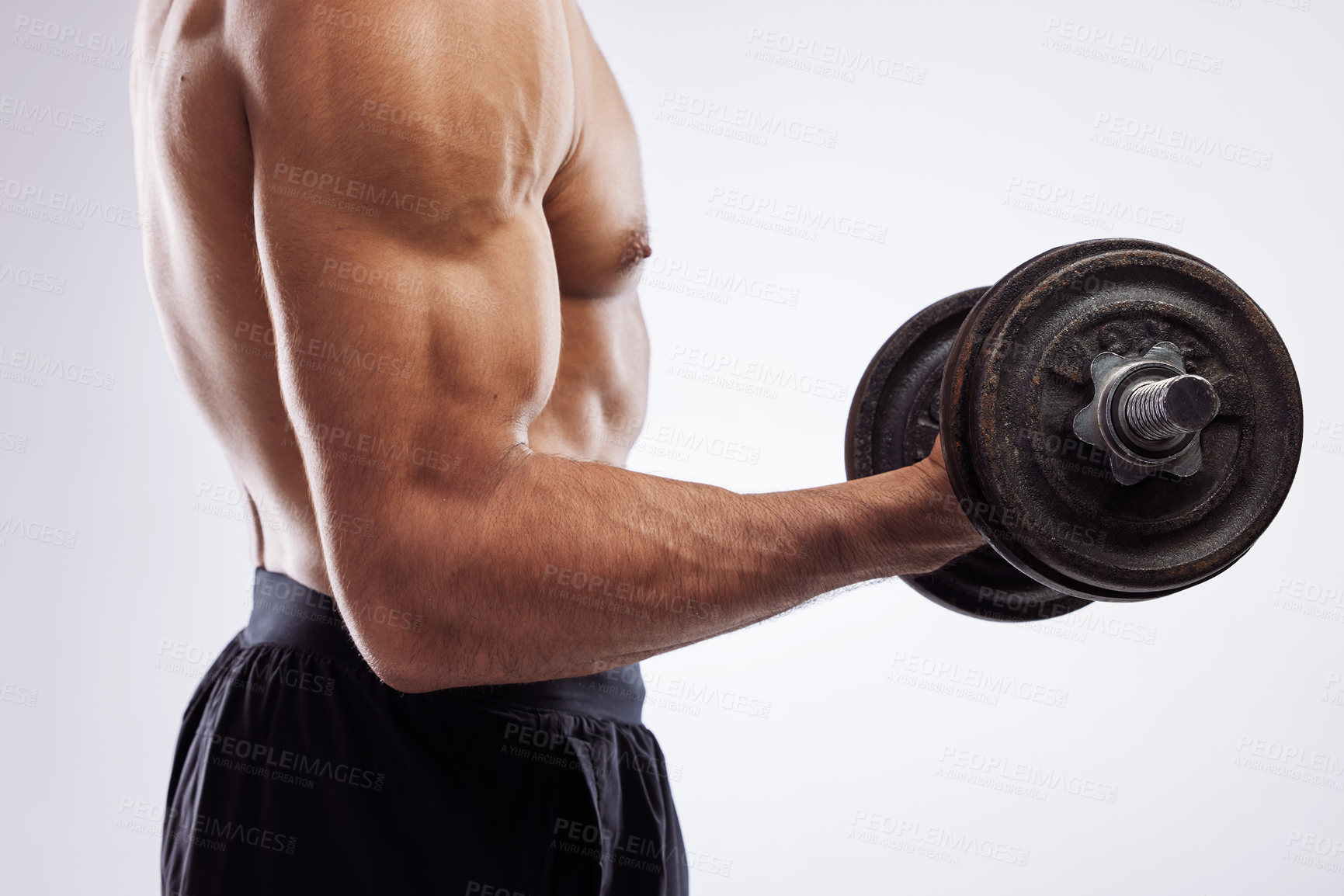 Buy stock photo Man, body and arm with dumbbell in studio, strong and weightlifting workout for performance or wellness on white background. Muscle, bodybuilder and power training, athlete and fitness exercise