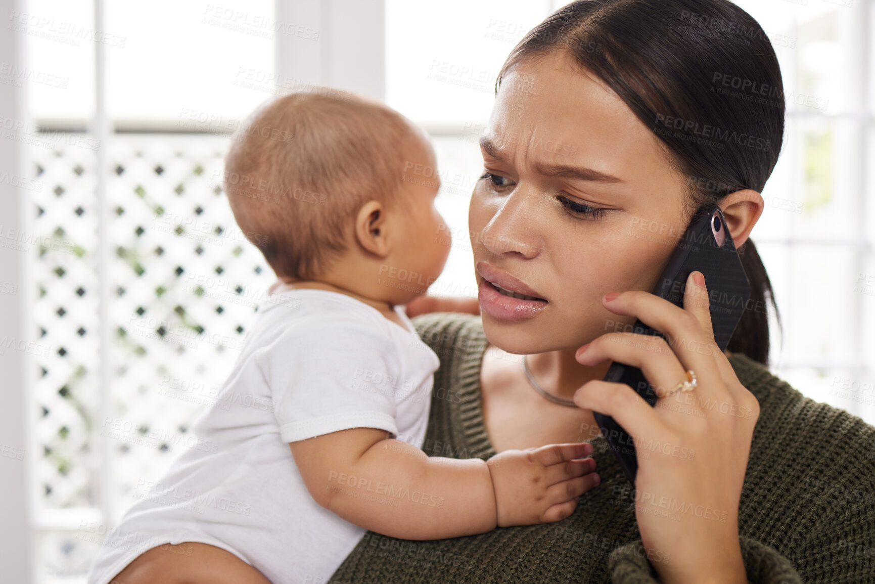 Buy stock photo Phone call, woman and baby in home with stress, communication or telehealth consult in maternity leave. Mom, child or mobile in living room with anxiety, doctor appointment or schedule for healthcare