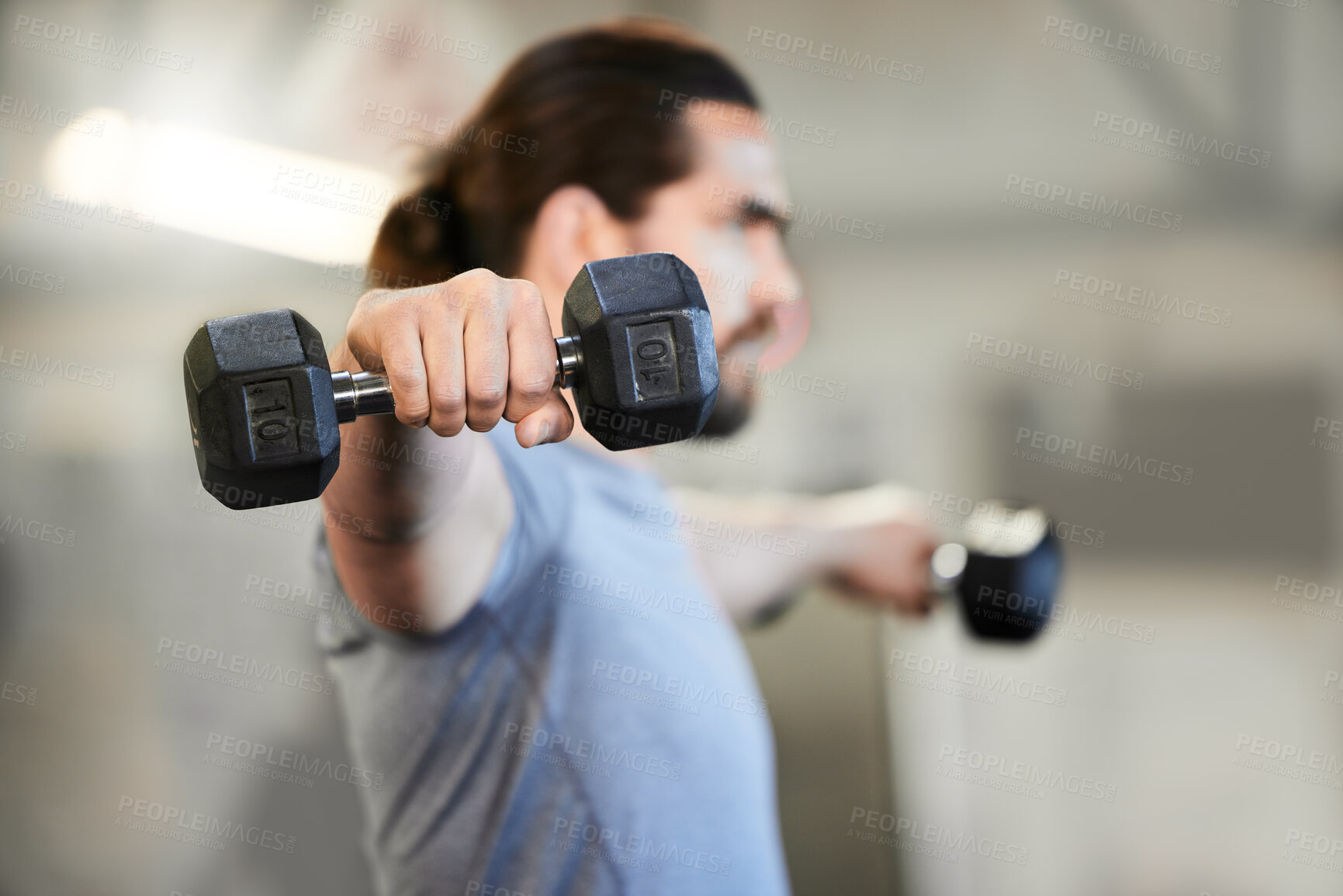 Buy stock photo Athletic, man and hands with dumbbells for fitness in gym for goals for strong or healthy body. Training, male person and exercise or workout for muscles or wellness with weights for cardio 