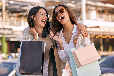 Buy stock photo Happy, women friends with shopping bags and at street in city with a smile. Promotion or discount, happiness or retail and excited or cheerful female people shop together for fashion products