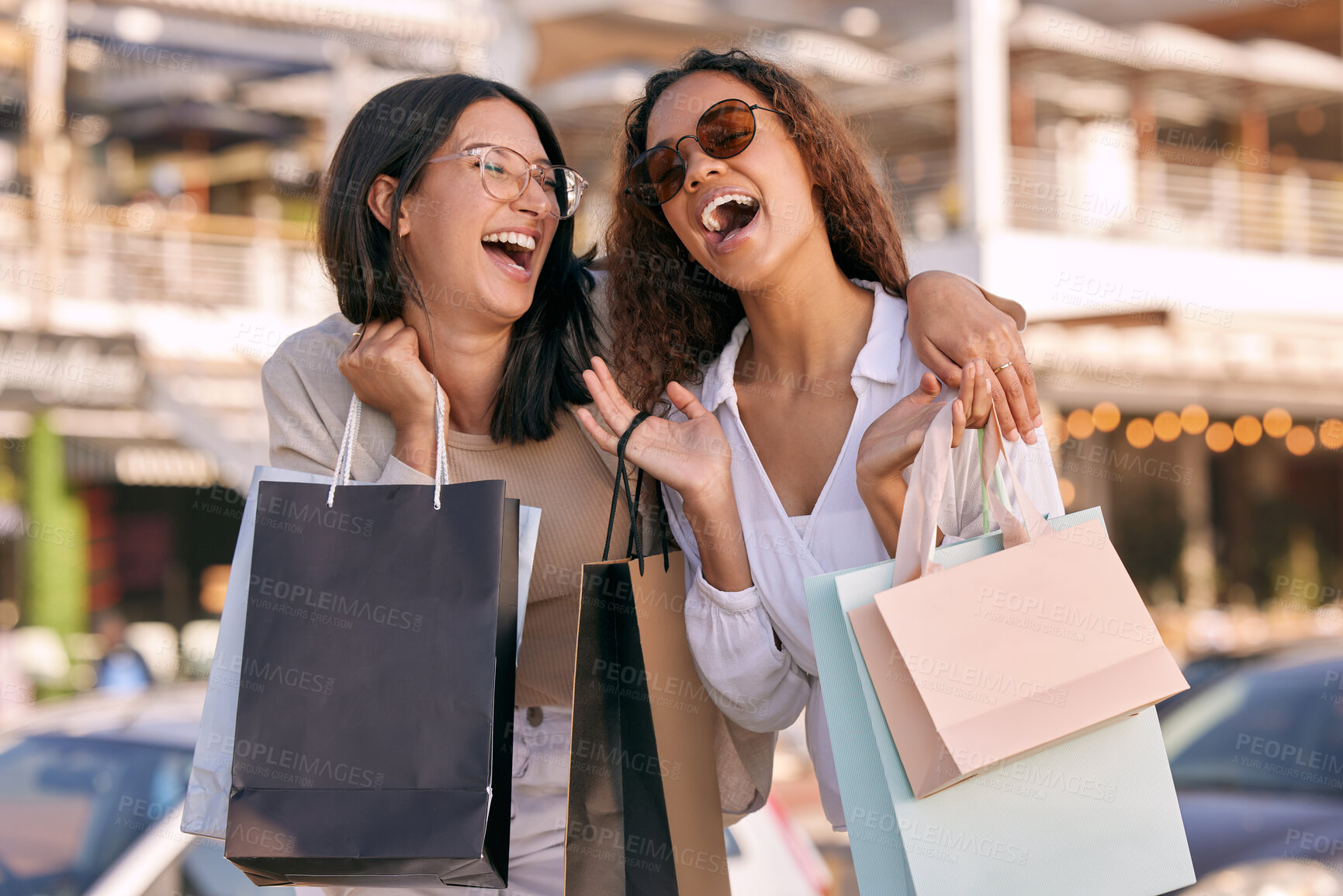 Buy stock photo Happy, women friends with shopping bags and at street in city with a smile. Promotion or discount, happiness or retail and excited or cheerful female people shop together for fashion products