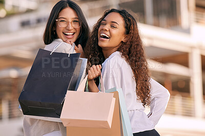 Buy stock photo Woman, friends and portrait with shopping bag in city for fashion deal or discount sale, present or purchase. Female people, face and happy on downtown street for customer gift, boutique or package