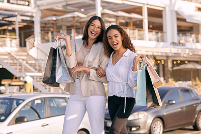 Buy stock photo Happy, portrait of women with shopping bags and in the street of a city with smile. Happiness for sale, fashion products  and excited people shop together with bag of clothes outdoors together
