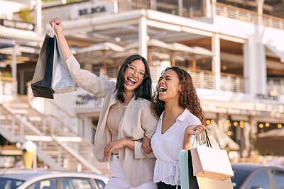 Buy stock photo Woman, friends and excited with shopping bag in city for retail fashion with discount, deal or promotion. Female people, customer and downtown street for present gift or California, travel or bonding