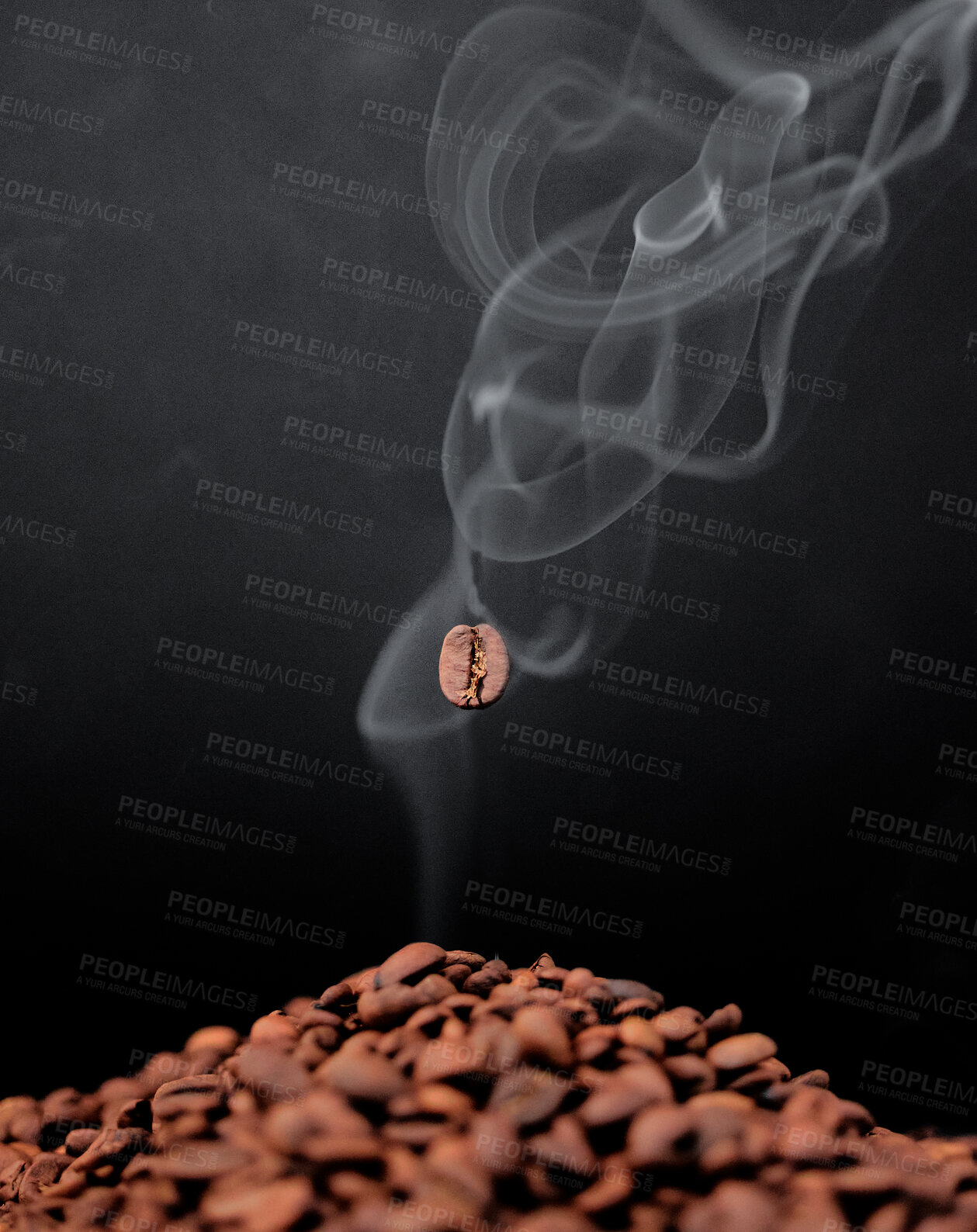 Buy stock photo Studio, roasted coffee beans and smoke aroma for organic diet, flavor and black background. Art, seeds and texture of raw ingredient for espresso or scent, cappuccino and steam on mockup space