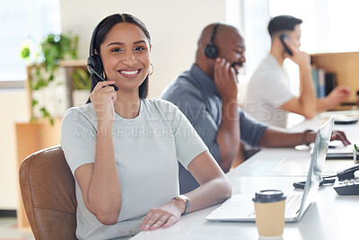 Buy stock photo Smile, call center and woman with headset for customer service, support or telemarketing. Happy Indian person, agent or consultant coworking portrait for sales, crm and help desk or contact us