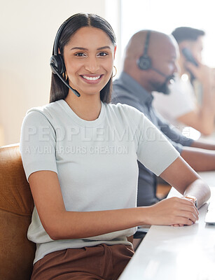 Buy stock photo Portrait of a young businesswoman working in a call centre