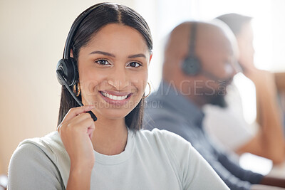 Buy stock photo Smile, call center and happy woman with a headset for support, customer service or telemarketing. Face portrait of female person, agent or consultant on microphone for sales, contact us or help desk