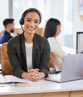 Buy stock photo Portrait of a young businesswoman working on a laptop in a call centre