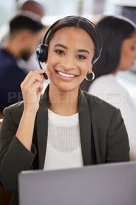 Buy stock photo Portrait of a young businesswoman working on a laptop in a call centre