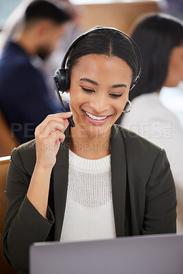 Buy stock photo Woman, call center and microphone at laptop for customer service, support and telemarketing. Face of african female agent or consultant talk on headset for sales, crm or help desk for online advice