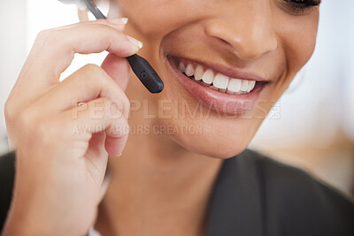 Buy stock photo Woman, call center and mouth or smile for customer service, support and telemarketing. Face closeup of african female agent or consultant with microphone for sales, crm or help desk for communication