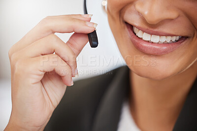 Buy stock photo Mouth, call center and woman with microphone for customer service, support or telemarketing. Smile closeup of female person, agent or consultant with headset for sales, crm or help desk communication