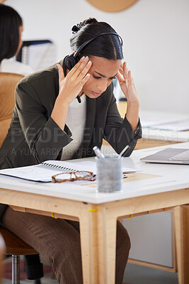 Buy stock photo Telemarketing, consultant and woman with a headache, stress and call center with pain, overworked and health issue. Female person, agent or employee with a migraine, tech support and medical problem