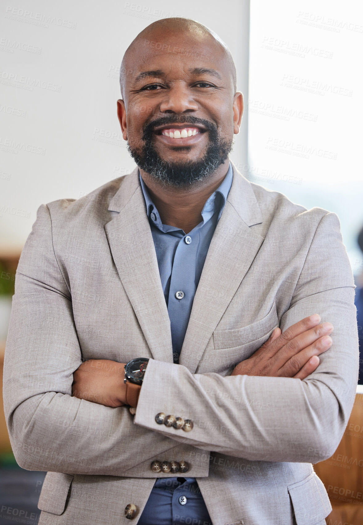 Buy stock photo Mature, black man and portrait with pride in office, professional career and attorney for legal advice. Law firm, male lawyer and arms crossed with confidence, business and experience at profession