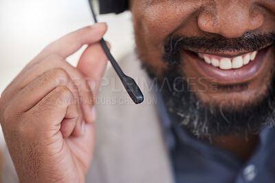 Buy stock photo Microphone, call center and man with a smile for customer service, support or telemarketing. Mouth closeup of male person, agent or consultant with headset for sales, crm or help desk communication