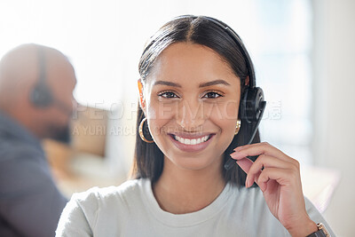Buy stock photo Face, call center and smile of a woman with a headset for support,  customer service or telemarketing. Portrait of happy indian person, agent or consultant in sales, crm or help desk communication