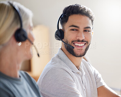 Buy stock photo Call center, team and man with headset for support, customer service or telemarketing. Woman and male agent or consultant talking with a smile for sales, contact us and help desk or crm teamwork