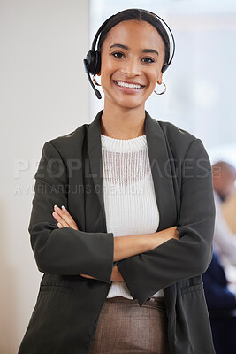 Buy stock photo Portrait, telemarketing and woman with arms crossed, call center and confident representative. Face, female person and agent with a smile, customer service and tech support with a consultant and joy