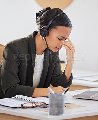 Buy stock photo Telemarketing, business and woman with a headache, stress and burnout with call center, overworked and health problem. Female person, agent or employee with a migraine, tech support and medical issue