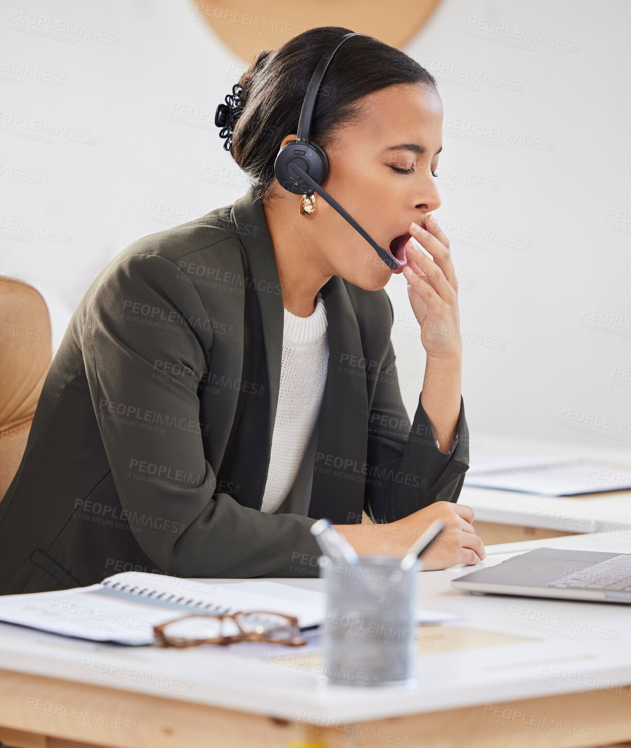 Buy stock photo Business woman, yawn and tired in call center consulting, contact us and customer service for crm. Telemarketing, burnout and sleepy female advisor, exhausted and fatigue with low energy in office