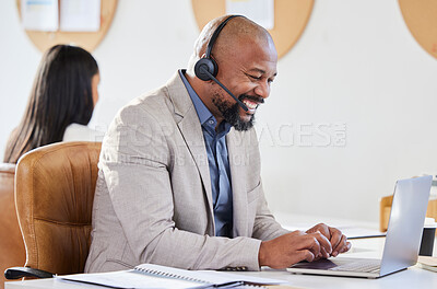 Buy stock photo Laptop, call center and man with headset for customer service, support or telemarketing. Happy male person, agent or consultant typing online for sales deal, crm account and help desk or contact us