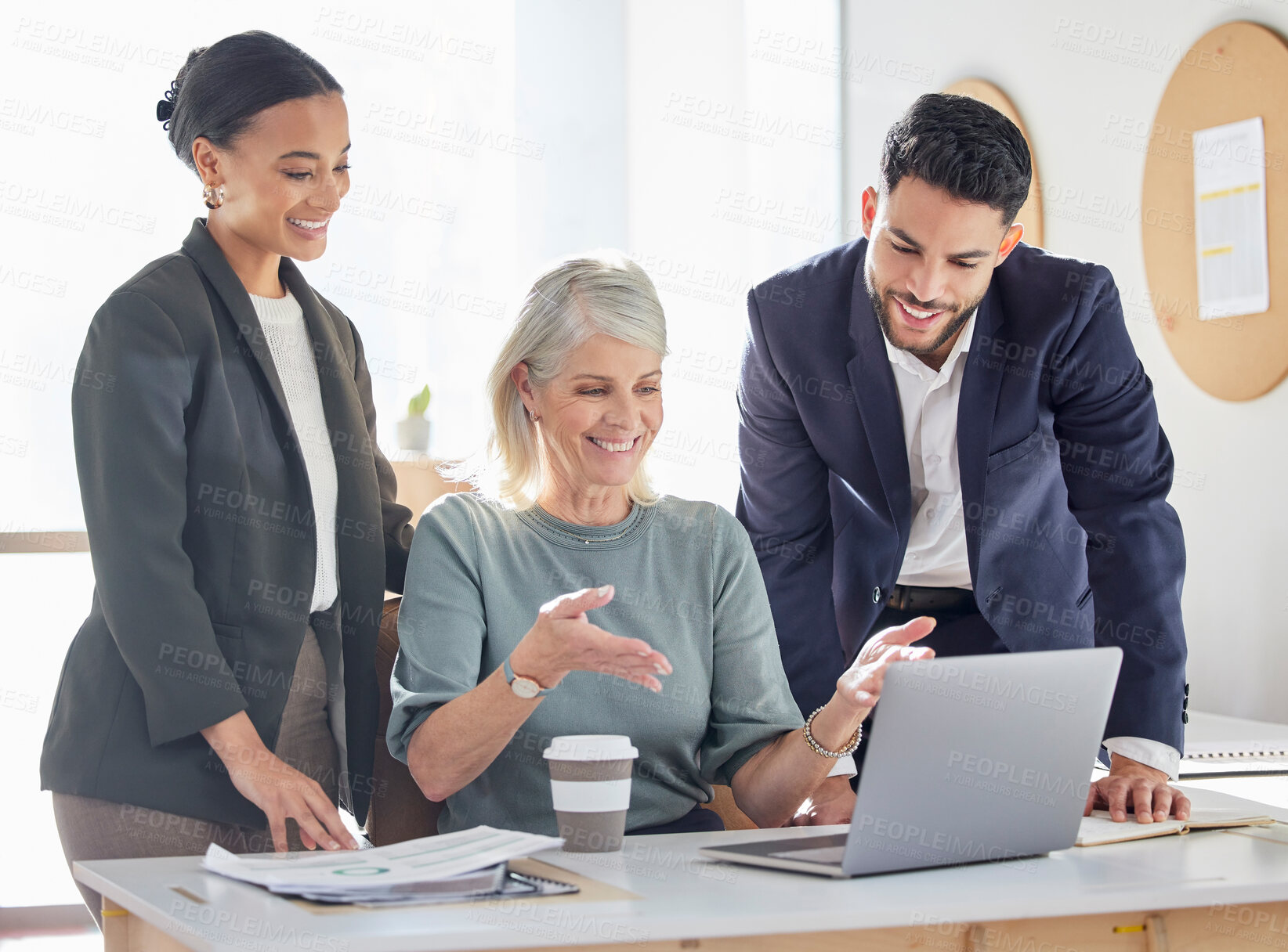 Buy stock photo Laptop, office and teamwork with business people with advice for project management proposal. Discussion, computer and planning at coworking desk for feedback, collaboration and online development