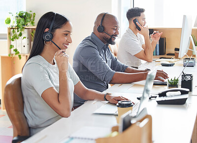 Buy stock photo Call center, customer service or support with consultant people at work in an office for assistance. Contact us, crm or consulting with a group of employees using headset technology for telemarketing
