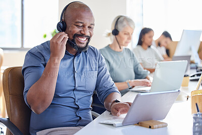 Buy stock photo Black man, laptop and call center agent smile or sales consultant or customer service worker for inbound support in the office. Face, happy African and male pc operator or outbound or telemarketing
