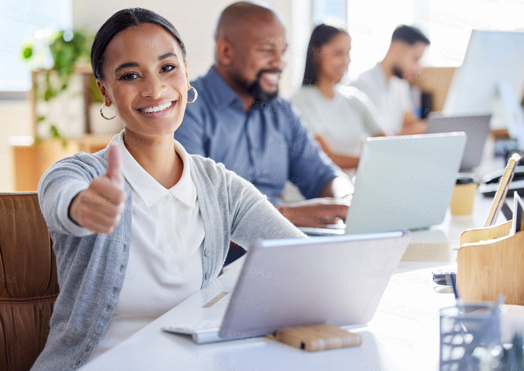 Buy stock photo Woman, business and thumbs up in office with laptop, coworking and workplace or company collaboration mission. Employee, achievement and job well done, corporate and online emoji or ok gesture