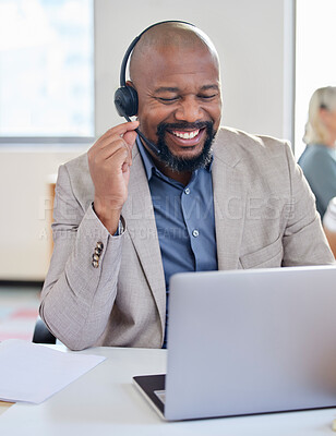 Buy stock photo Black man, call center and smile at laptop for customer service, support and telemarketing. Happy african male agent or consultant with a headset for sales, crm or help desk and online advice