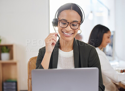 Buy stock photo Woman, microphone and laptop in call center for customer service, support and telemarketing. Face of a african female agent or consultant talk on headset for sales, crm or help desk for online advice