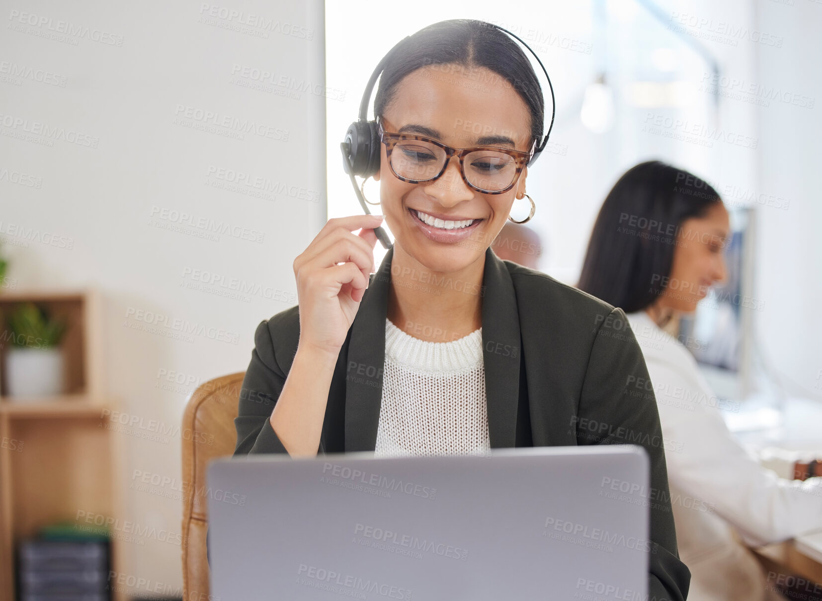 Buy stock photo Woman, microphone and laptop in call center for customer service, support and telemarketing. Face of a african female agent or consultant talk on headset for sales, crm or help desk for online advice