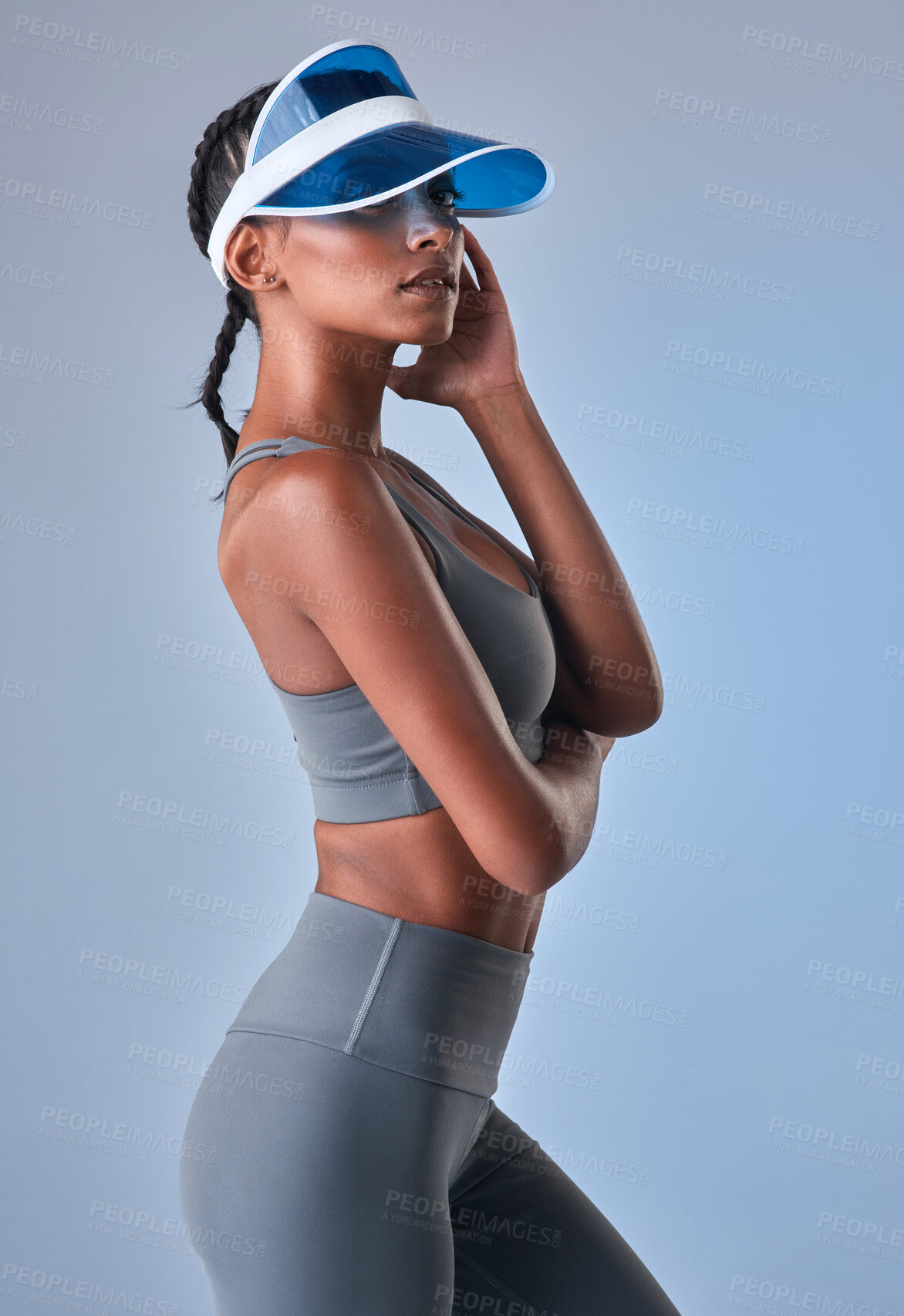 Buy stock photo Fitness, cap and portrait with woman in studio for health, exercise and workout development. Athlete, training and wellness challenge with female person and visor on white background for commitment