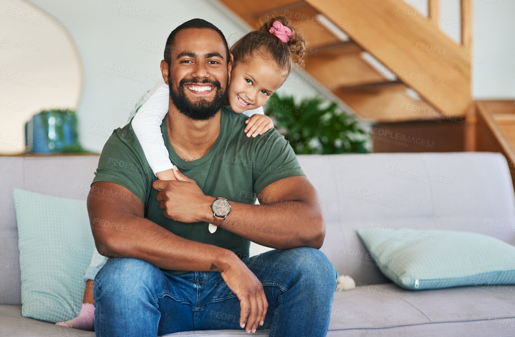 Buy stock photo Portrait of a father and his little daughter relaxing together at home