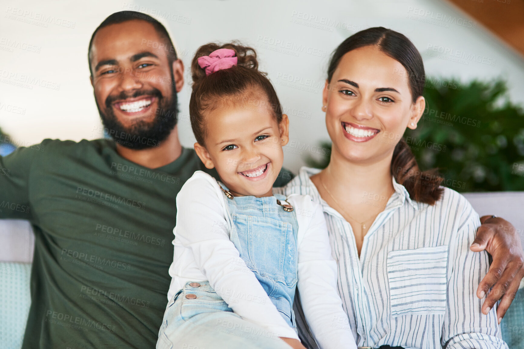 Buy stock photo Mom, dad and child on sofa with portrait for happy relationship, connection and bonding. Family, home and parents with daughter on couch with smile for love, support and affection on weekend together