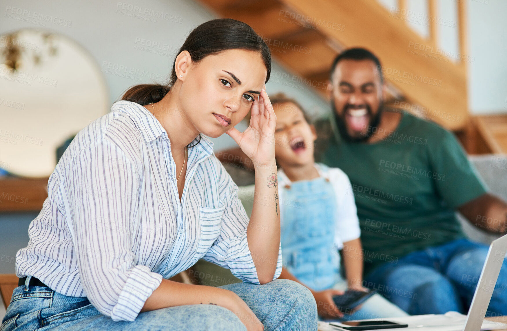 Buy stock photo Frustrated, mom and headache with screaming family for remote work, stress or chaos in home. Portrait, mother or hybrid freelancer with laptop, dad or child shouting for noise, burnout or distraction