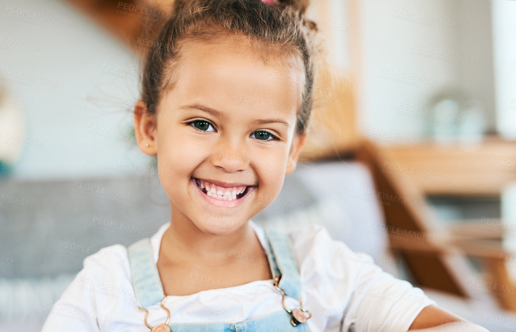 Buy stock photo Growth, portrait and teeth of girl child in home living room for character, development or personality. Excited, smile and youth with happy kid in apartment for dental care, hygiene or satisfaction