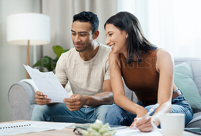 Buy stock photo Happy couple, documents and finance on sofa in budget planning, expenses or bills together at home. Man and woman smile with paperwork in living room for loan, financial plan or insurance at house
