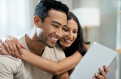 Buy stock photo Hug, happy and couple with tablet on sofa relax with social media, movies or streaming film at home. Love, smile and people in living room with digital, search or app for show, video or communication