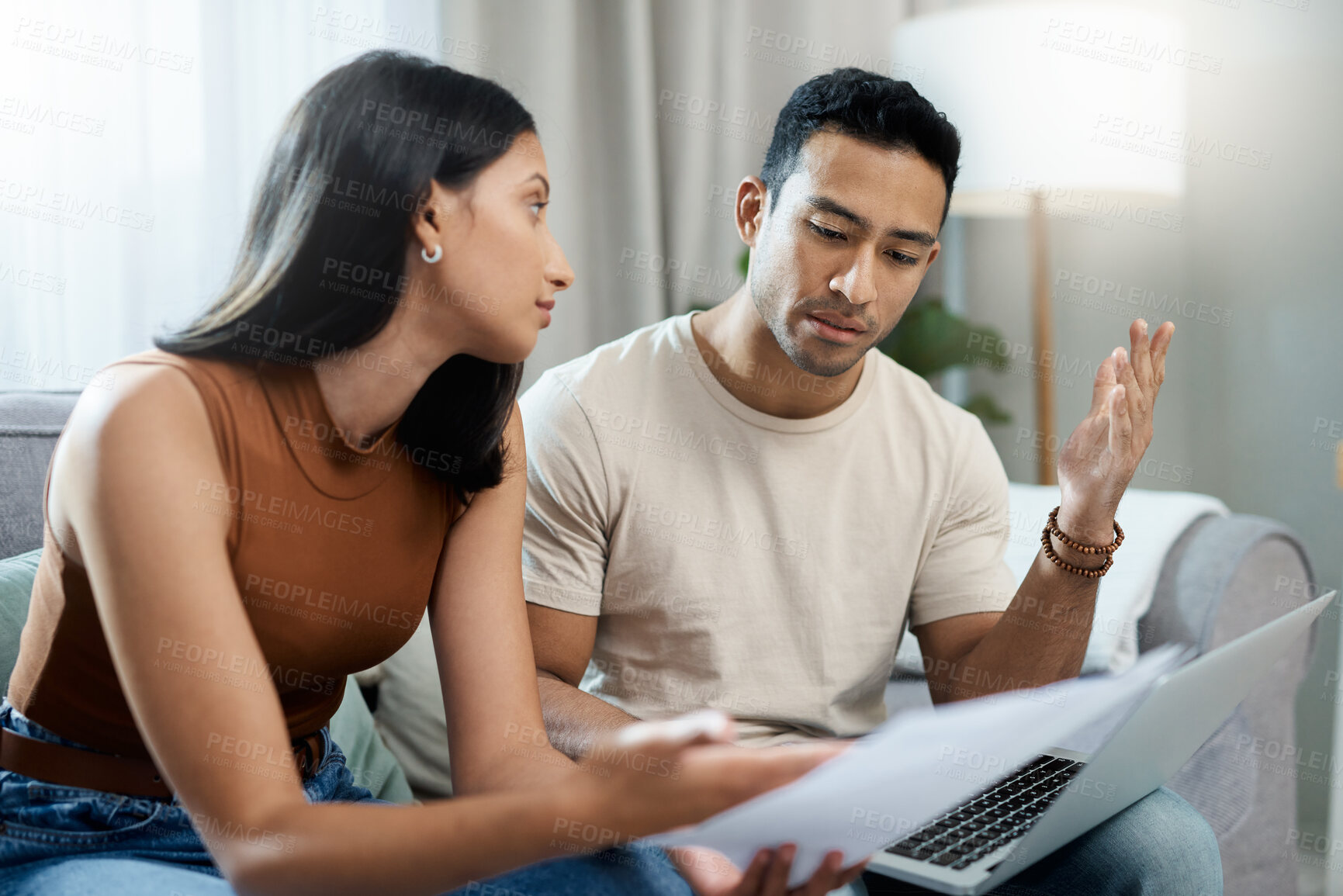 Buy stock photo Frustrated couple, laptop and financial crisis in debt, mistake or argument on living room sofa at home. Man and woman with computer in disagreement for finance, mortgage expenses and bills at house