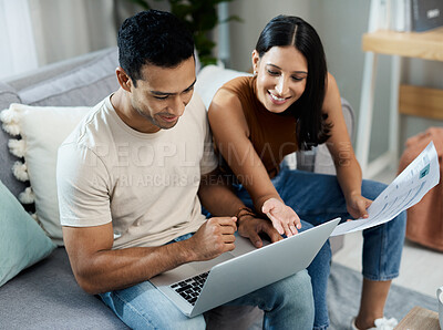 Buy stock photo Happy couple, laptop and documents in budget planning, finance or expenses and bills on sofa at home. Man and woman with paperwork on computer in living room for financial plan or insurance at house