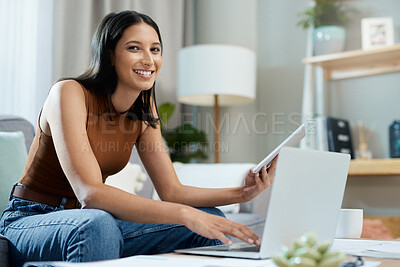Buy stock photo Tablet, laptop and portrait of woman on sofa and online for communication, website and remote work. Business, technology and person on computer for networking, social media and research at home