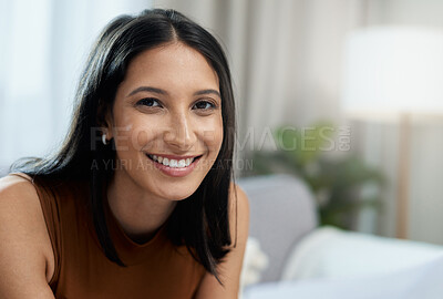 Buy stock photo Woman, portrait and smile on sofa in home with relax, peace and comfortable in living room of house. Person, face and happy on couch of apartment with calm expression, wellness and weekend break