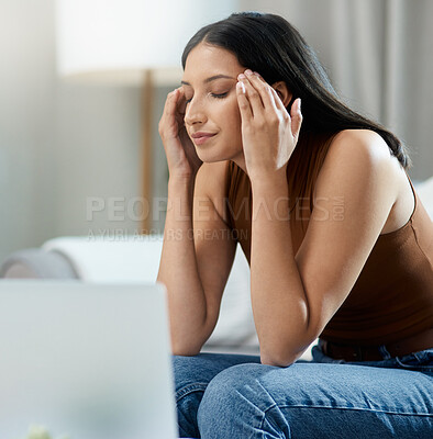 Buy stock photo Frustrated woman, headache and stress on sofa for laptop, burnout or mental health in living room at home. Face of female person with migraine, anxiety or debt in financial crisis or fail at house