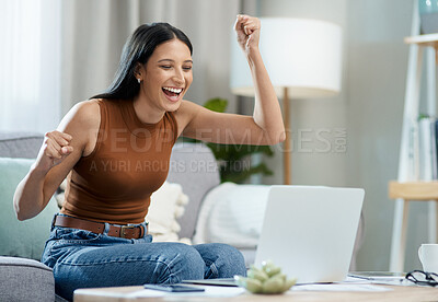 Buy stock photo Woman, winner and yes on laptop and sofa for online education, e learning or virtual school results at home. Excited student with fist, cheers and reading email or news of winning on her computer